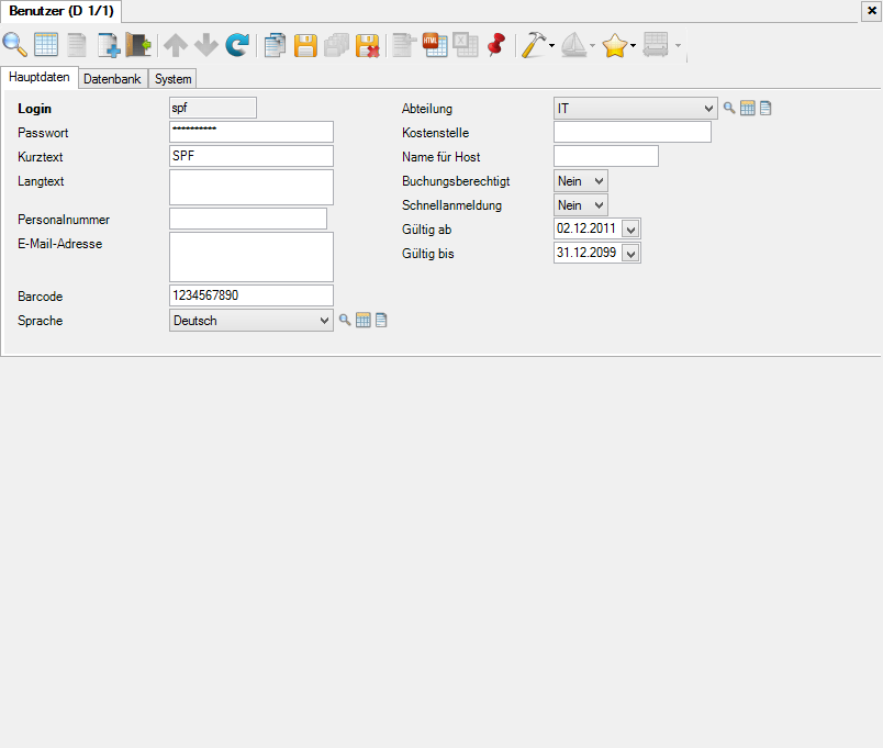 Standard design for a table using the example of a user
