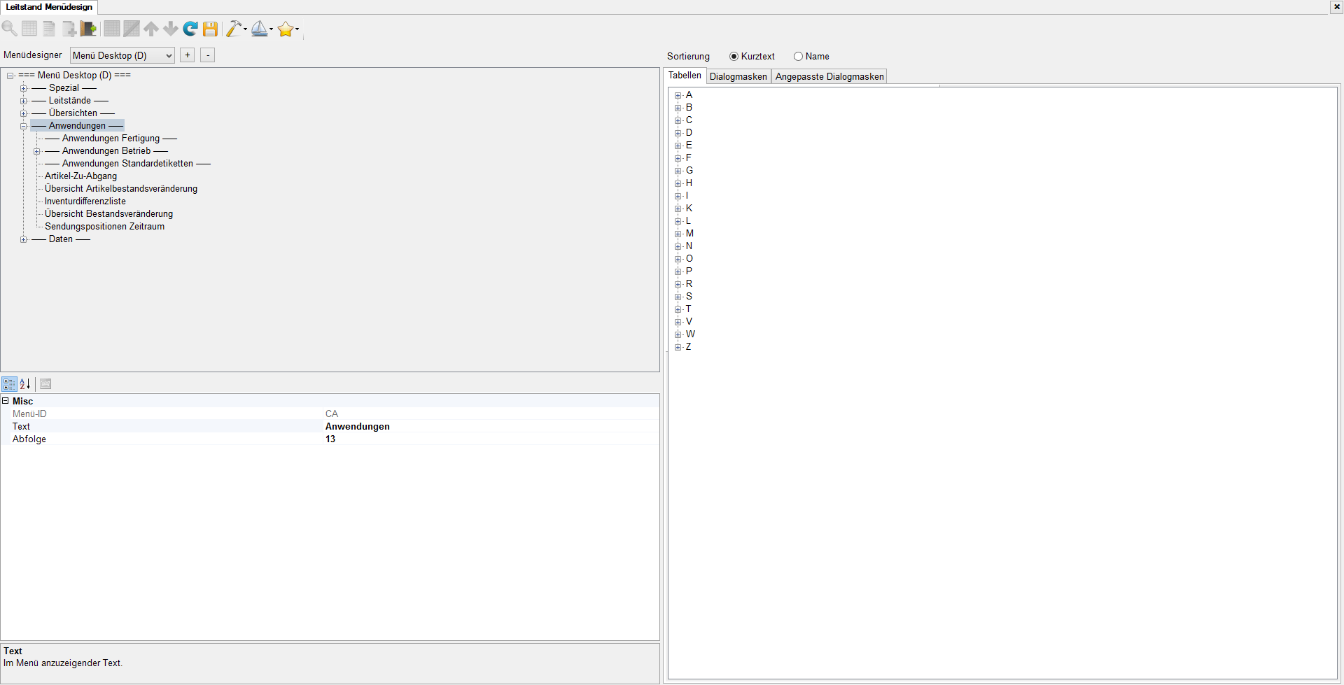 Appearance of the menu designer for the desktop menu